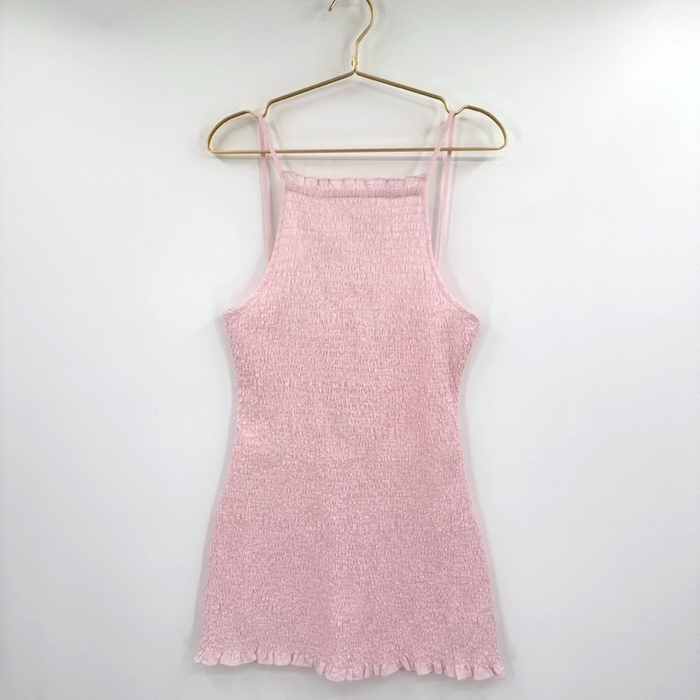Free People Lyla Smocked Mini Dress‎ Women's M Pink Cross Tie Back - Picture 3 of 11